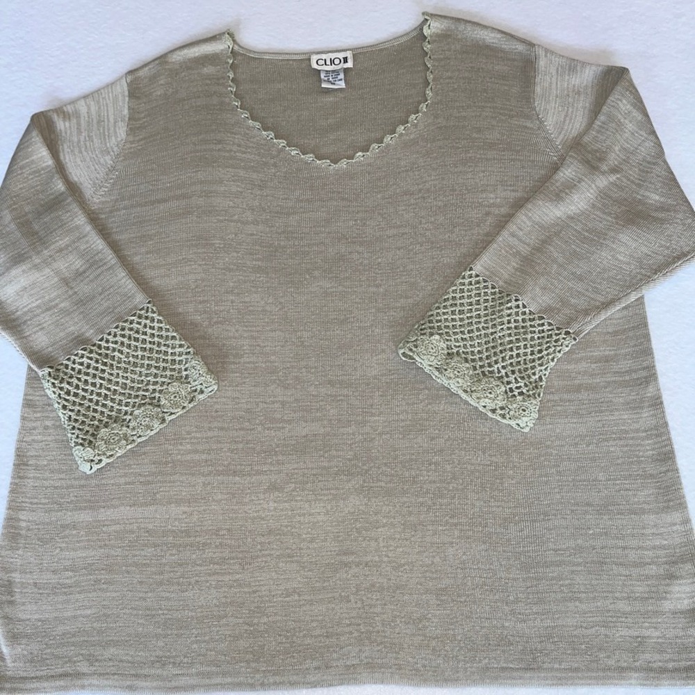 Clio II Silk Cotton Knit Top 2X Champagne Crochet Trim Quiet Luxury Minimalist